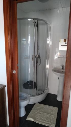 y baño con ducha, aseo y lavamanos. en Casa do Lago en Vila de Rei