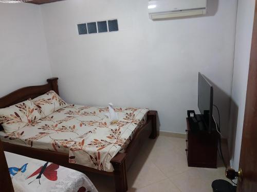 ein Schlafzimmer mit einem Bett und einem Fernseher in einem Zimmer in der Unterkunft Casa Puerto Triunfo Dann in Puerto Triunfo