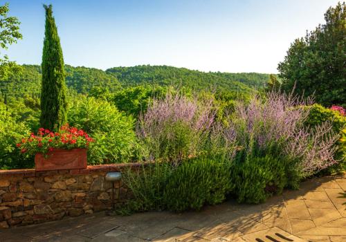 a garden with flowers and plants on a stone wall at Piccolo Borgo Gagnoni in Sinalunga
