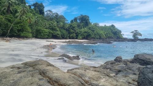 a beach with people in the water and trees at Hotel Bahía Yubarta in Bahía Solano