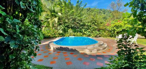 a swimming pool in a garden with a stone circle at Hotel Bahía Yubarta in Bahía Solano