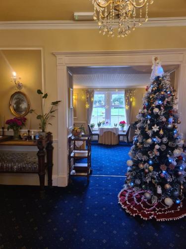 a christmas tree in the middle of a room at Balcary Bay Country House Hotel in Auchencairn