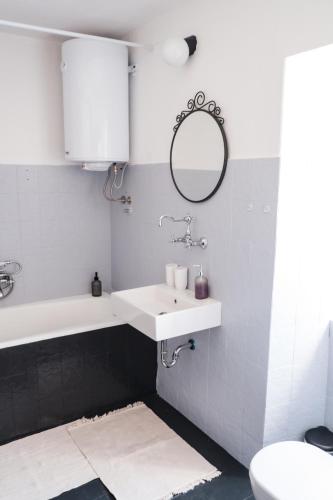 a bathroom with a sink and a mirror and a toilet at Mediterranean House with private garden near Crikvenica in Drivenik