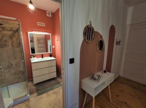 une salle de bain avec un lavabo et un miroir dans l'établissement LE CLOS DE BORIOS - ENTRE GARE ET HYPERCENTRE - TERRASSE, à Toulouse