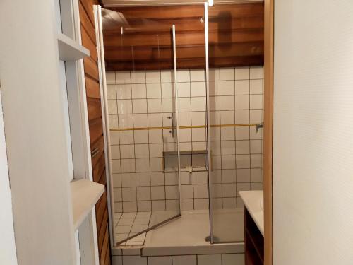 une douche avec une porte vitrée dans une salle de bain dans l'établissement Agréable appartement de 48 m² en RDC, à La Bourboule