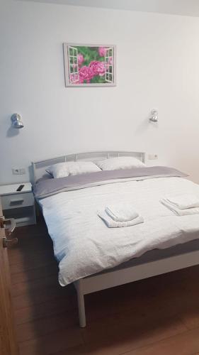 ein Bett in einem Schlafzimmer mit einem Bild an der Wand in der Unterkunft Apartament 1 Budiu in Târgu Mureș