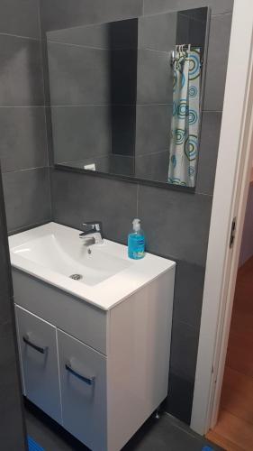ein Badezimmer mit einem weißen Waschbecken und einem Spiegel in der Unterkunft Apartament 1 Budiu in Târgu Mureș