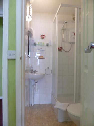 a bathroom with a sink and a shower and a toilet at Bay Court in Bridlington