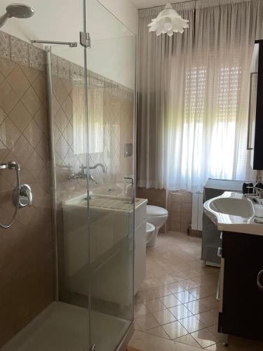 a bathroom with a shower and a sink and a toilet at A casa di Zia Maria in Fuscaldo