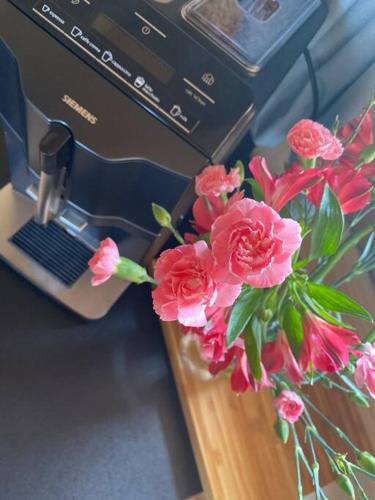 a vase with pink flowers in front of a laptop at Little House in Ząb