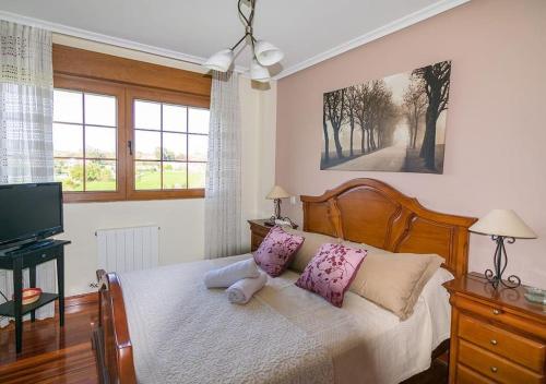 1 dormitorio con 1 cama con almohadas rosas y TV en Villa Miguel, en Arnuero