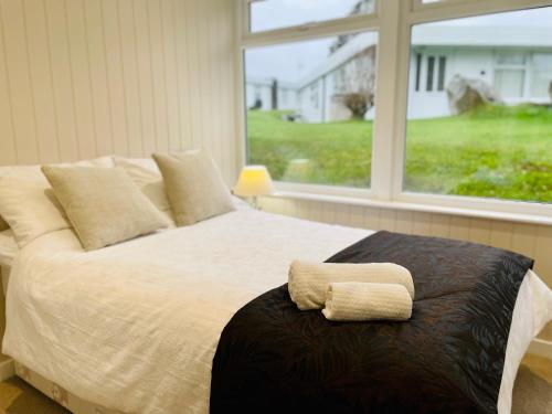 een slaapkamer met een groot bed en een raam bij Galwad-Y-Môr in Haverfordwest