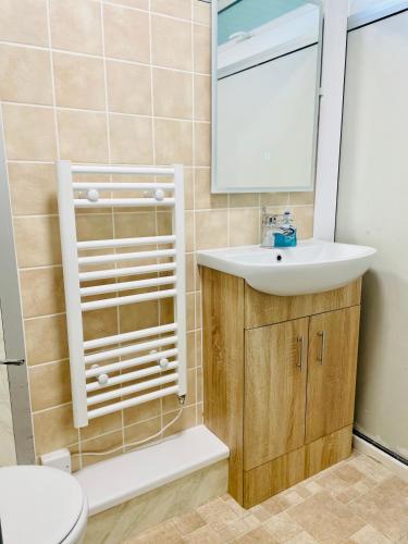 a bathroom with a sink and a mirror at Galwad-Y-Môr in Haverfordwest