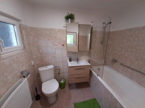 een badkamer met een toilet, een bad en een wastafel bij Naproti Klínovci in Jáchymov