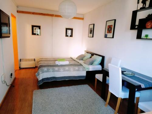 Schlafzimmer mit einem Bett, einem Schreibtisch und einem Schreibtisch in der Unterkunft Nexus Happy in Miercurea Ciuc