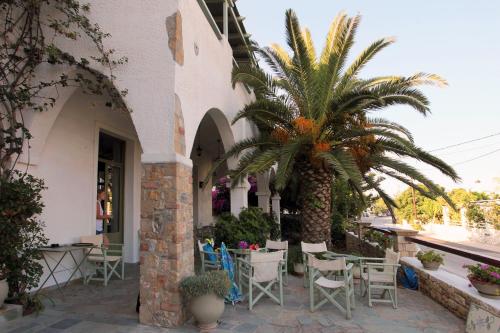 eine Terrasse mit Stühlen und einer Palme neben einem Gebäude in der Unterkunft Achilleion Hotel in Skyros