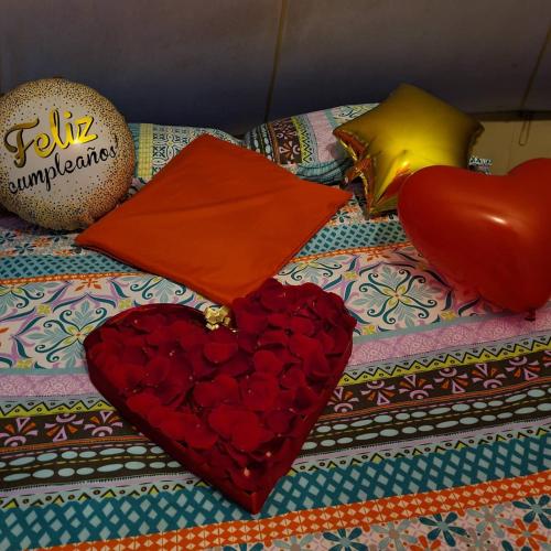 two hearts sitting on top of a bed at Glamping Portal Del Bosque in Pacho