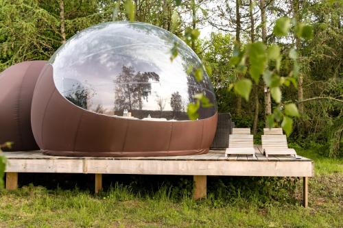 a glass ball sitting on a wooden platform with stairs at CellSphair in Houyet