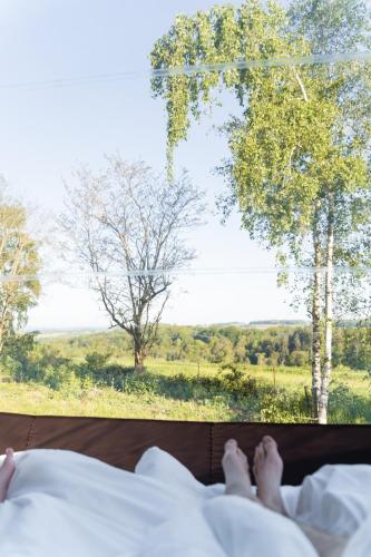 a person laying on a bed looking out at a window at CellSphair in Houyet
