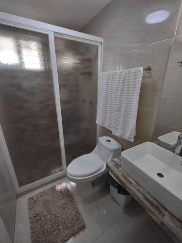 a bathroom with a shower and a toilet and a sink at Un pedacito de arena en Cancún in Cancún
