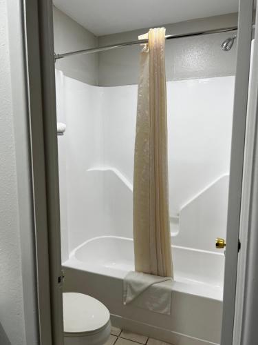 Un baño con inodoro y cortina de ducha. en Economy Inn Ashdown, en Ashdown