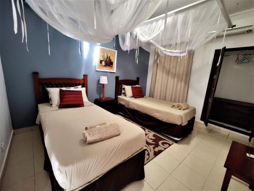 two beds in a room with blue walls and white curtains at Tri M Waves Lodge in Ponta do Ouro