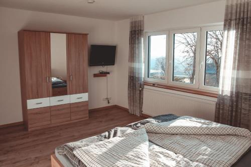 a bedroom with a bed and a tv and windows at Ferienwohnung inmitten der Natur mit Sauna in Steinau an der Straße