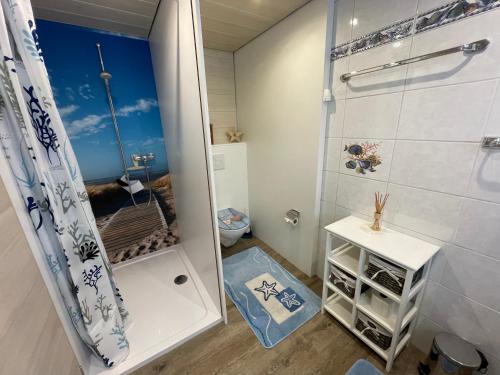 a small bathroom with a shower and a toilet at Hälmli in Heiden