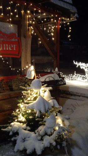 a snow covered yard with lights and christmas lights at Vysoké Tatry Gerlaška in Gerlachov