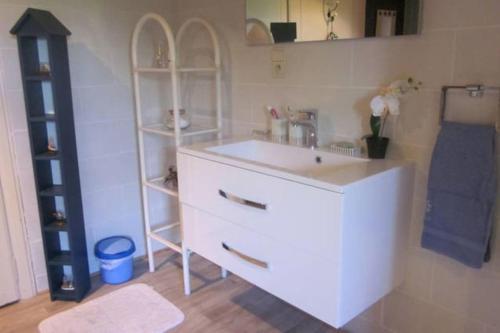 uma casa de banho com um lavatório branco e prateleiras em Chambres au calme en Ardenne em Fauvillers
