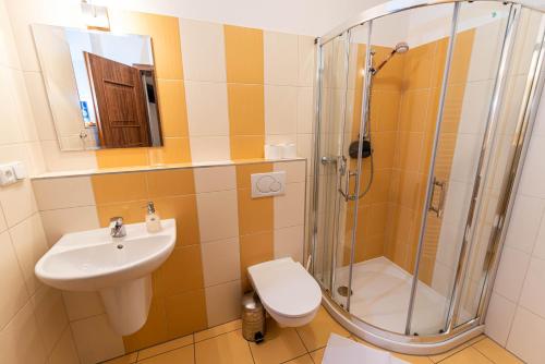 a bathroom with a shower and a toilet and a sink at Ubytovanie Pri zvonici, Dlhá 149 Liptovský Mikuláš in Liptovský Mikuláš