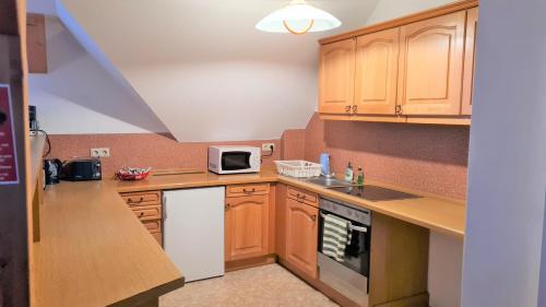 a small kitchen with wooden cabinets and a microwave at Pension Breitenborn in Masserberg