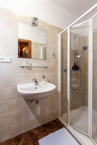 a bathroom with a sink and a shower at Ubytovanie Pri zvonici, Dlhá 149 Liptovský Mikuláš in Liptovský Mikuláš