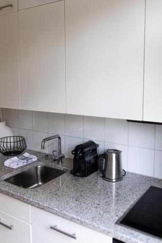 a kitchen counter with a sink and a tea kettle at The Pastorini in Zürich
