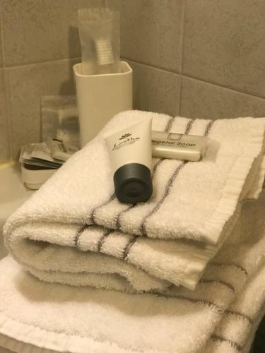 a pile of towels sitting on a bathroom sink with a toothbrush at Villa Maria Luigia in San Biagio di Callalta