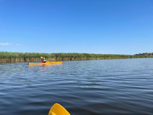 a person in a yellow kayak on a lake at Laguna Nuferilor Habitat in Somova