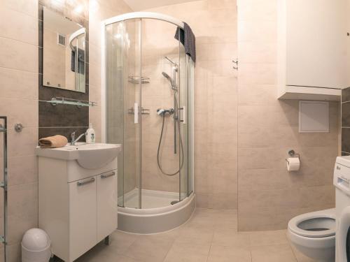 a bathroom with a shower and a sink and a toilet at Apartament Skoro Świt pod Śnieżką in Karpacz