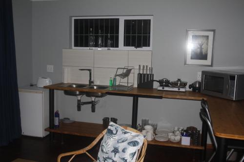 a kitchen with a counter with a sink and a microwave at Aloe Ocean Flatlet in Bettyʼs Bay