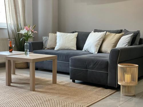 a living room with a blue couch and a coffee table at APARTMENT SAUNA INFRARED in Szczecin