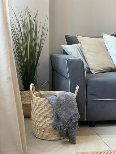 a living room with a couch and a basket at APARTMENT SAUNA INFRARED in Szczecin