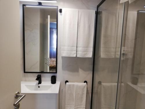 a bathroom with a shower and a sink and a mirror at Villa Graça -Hostels and Apartments in Santarém