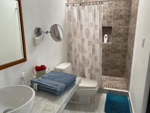 a bathroom with a shower and a toilet and a sink at Closetoairport in Cancún