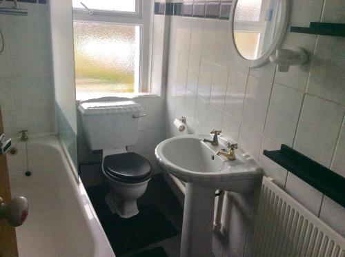 a bathroom with a sink and a toilet and a tub at Y Gerddi in Penmaen-mawr