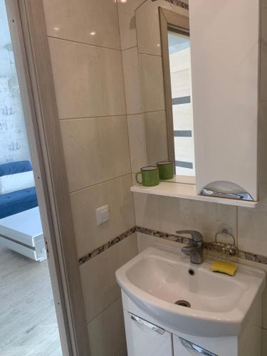 a bathroom with a sink and a mirror at Home for your vacation 1-bedroom apartment in Narva-Jõesuu