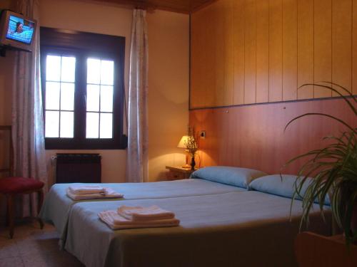 a bedroom with a bed and a window and a television at Apartamentos Jucar - Hotel Rural in Tragacete