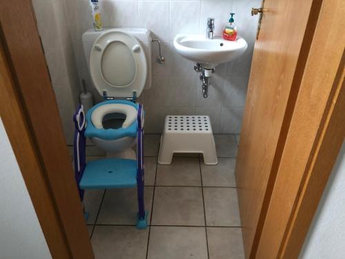 een kleine badkamer met een toilet en een wastafel bij Ferienhaus Ahrensmoor in Ahlerstedt