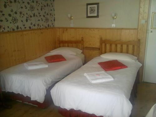 two beds in a room with white sheets and red pillows at Trevelyan Hotel in Douglas