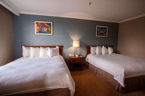 um quarto de hotel com duas camas com almofadas brancas em Eurobuilding Express El Tigre em El Tigre