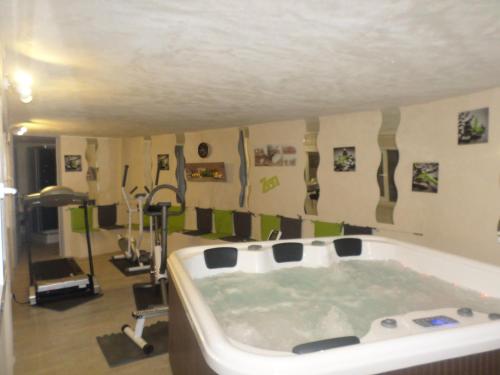 - vasca da bagno in camera con palestra di Appart'Hôtel Les Tilleuls a Saint-Macaire