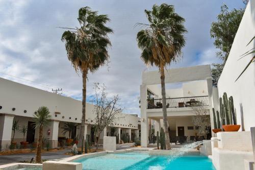 a hotel with palm trees and a swimming pool at Hotel Plaza Cuatro Ciénegas in Cuatrociénegas de Carranza